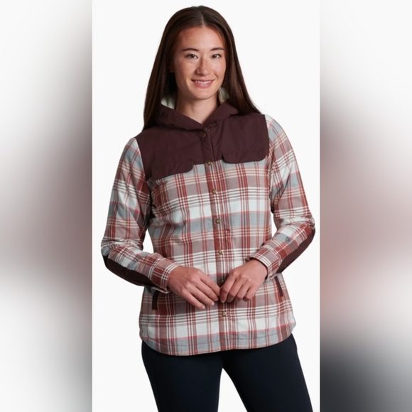 KUHL Artisan Hooded Shirtjak Jacket Plaid Hooded Shacket Size Large in Cinnamon - Picture 1 of 9